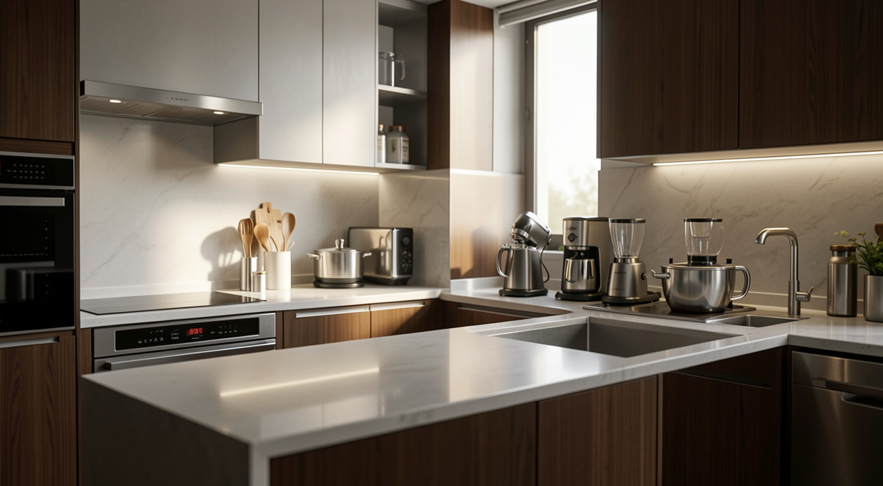 Modern household appliances arranged in a bright kitchen